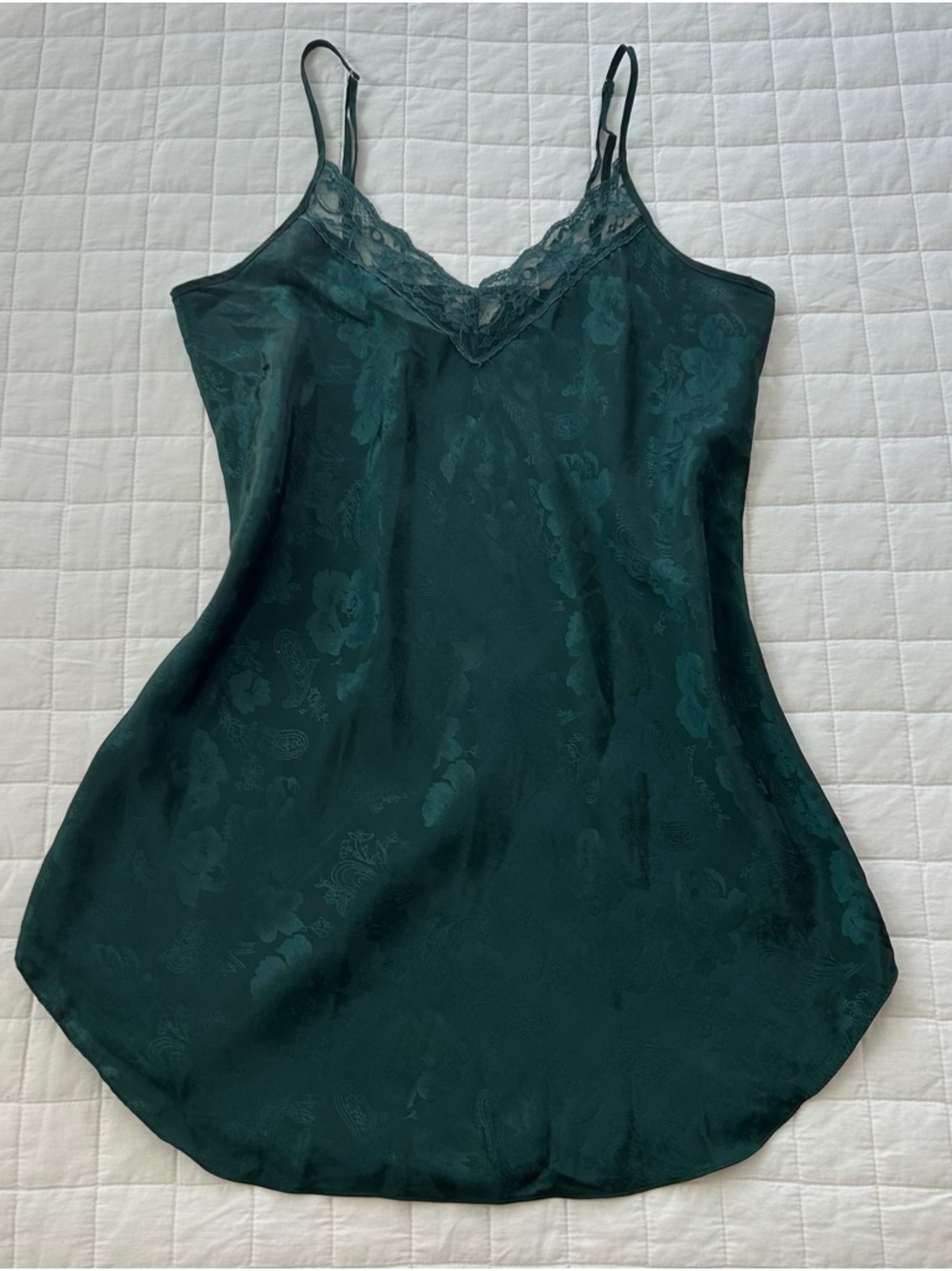Women's Dark Green Floral Lace-Trim Slip Dress